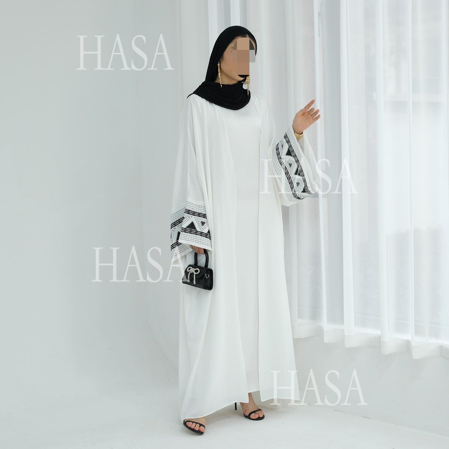 HASA's Series HS6506 Long Wide Sleeve Embroidered Robe Cardigan (No Headscarf)