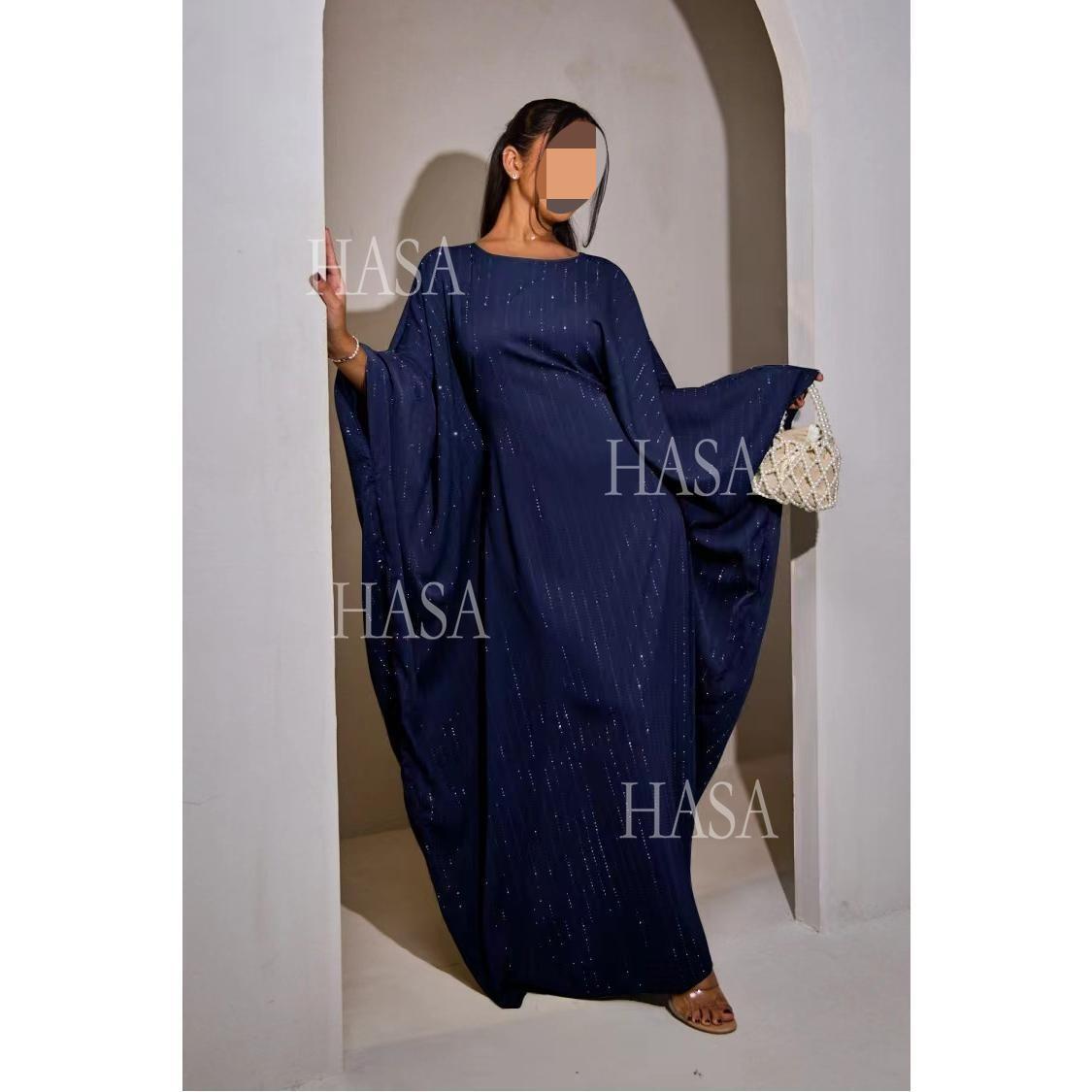 HS6483 Drape Rhinestone Gown with Simple Wide Sleeves