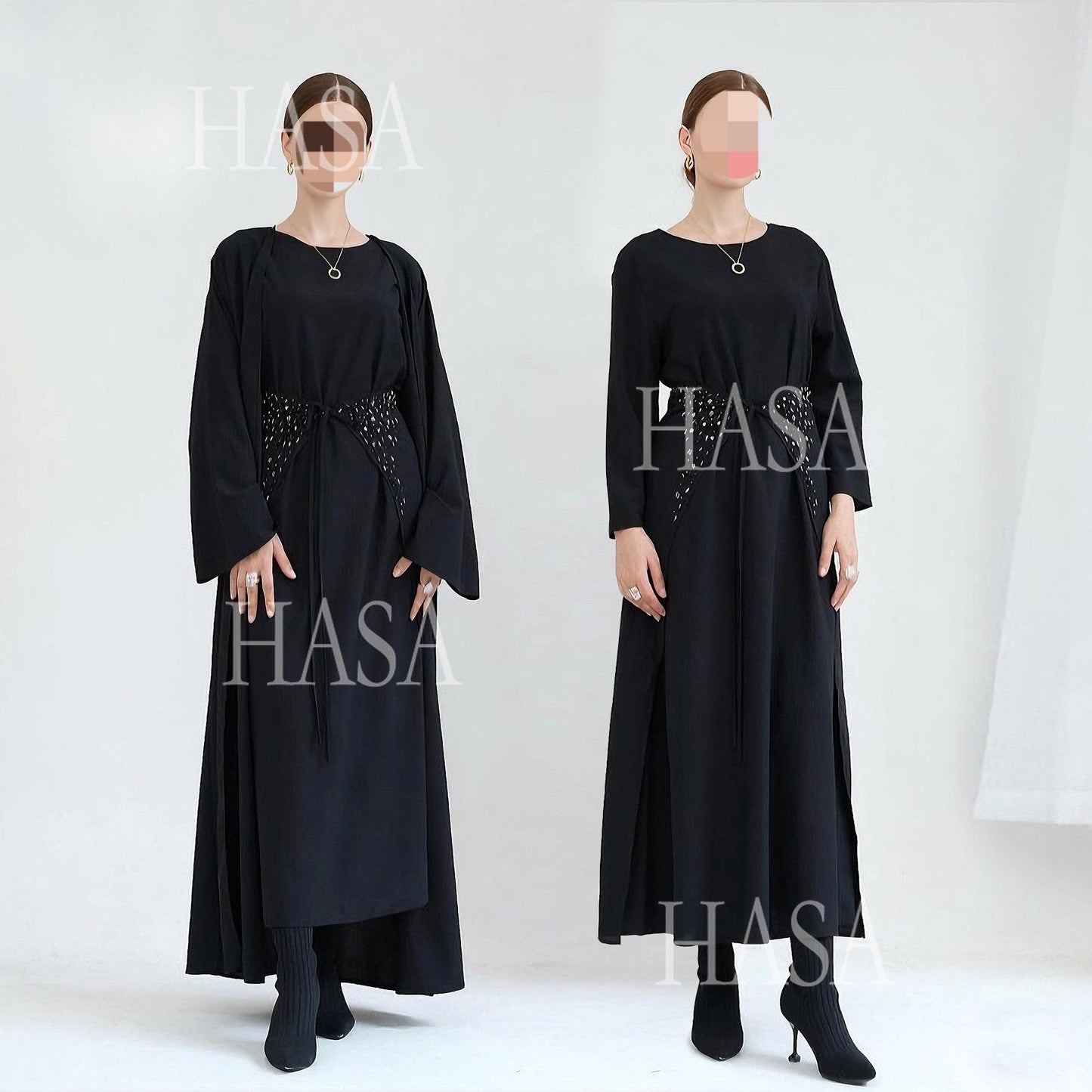 HS6578 Women's Solid Color Three-piece Robe Set (long Skirt + Skirt + Cardigan Jacket)