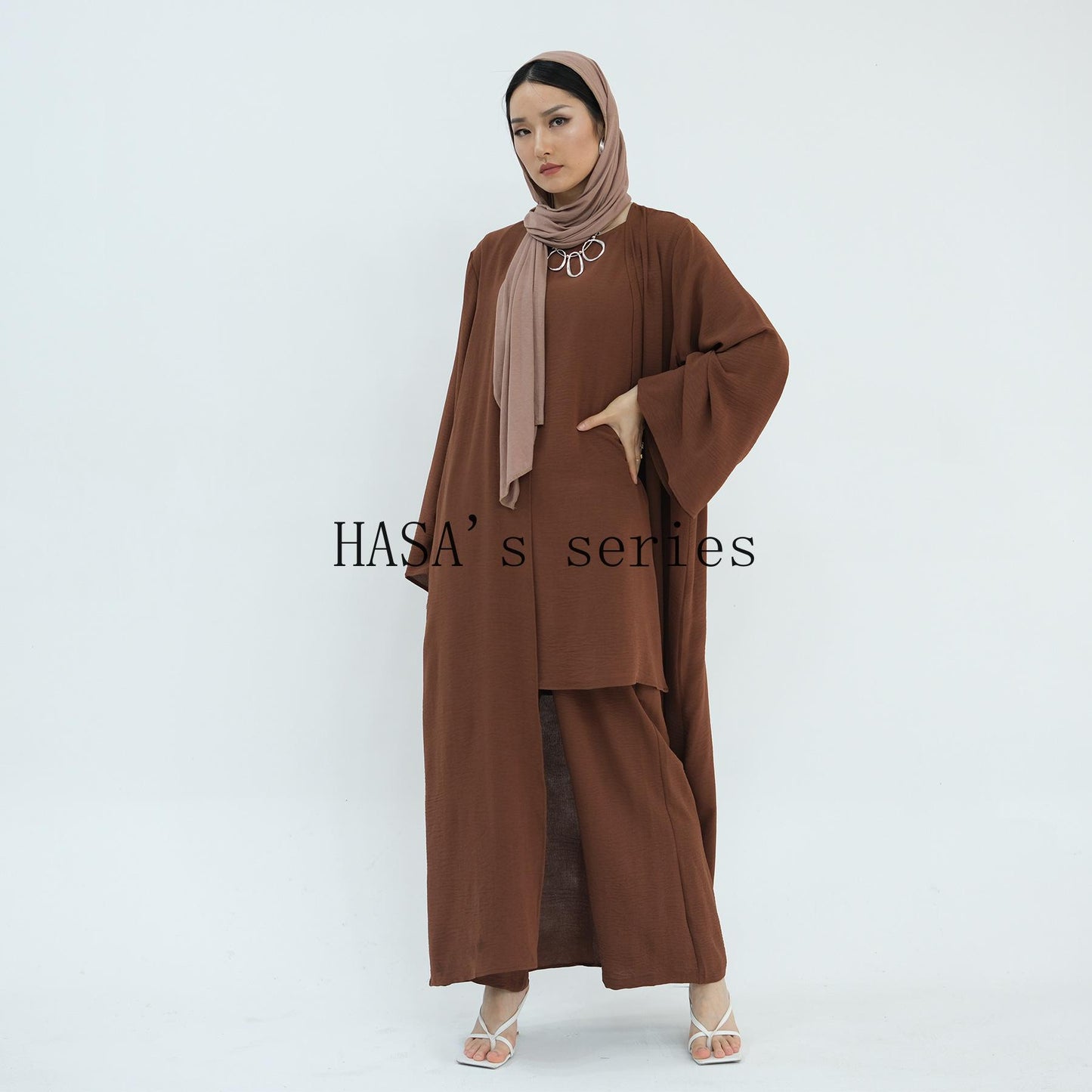 HS5107 Minimalist Style Three-piece Set | Solid Color Long Coat Paired with A Loose Two-piece Suit.