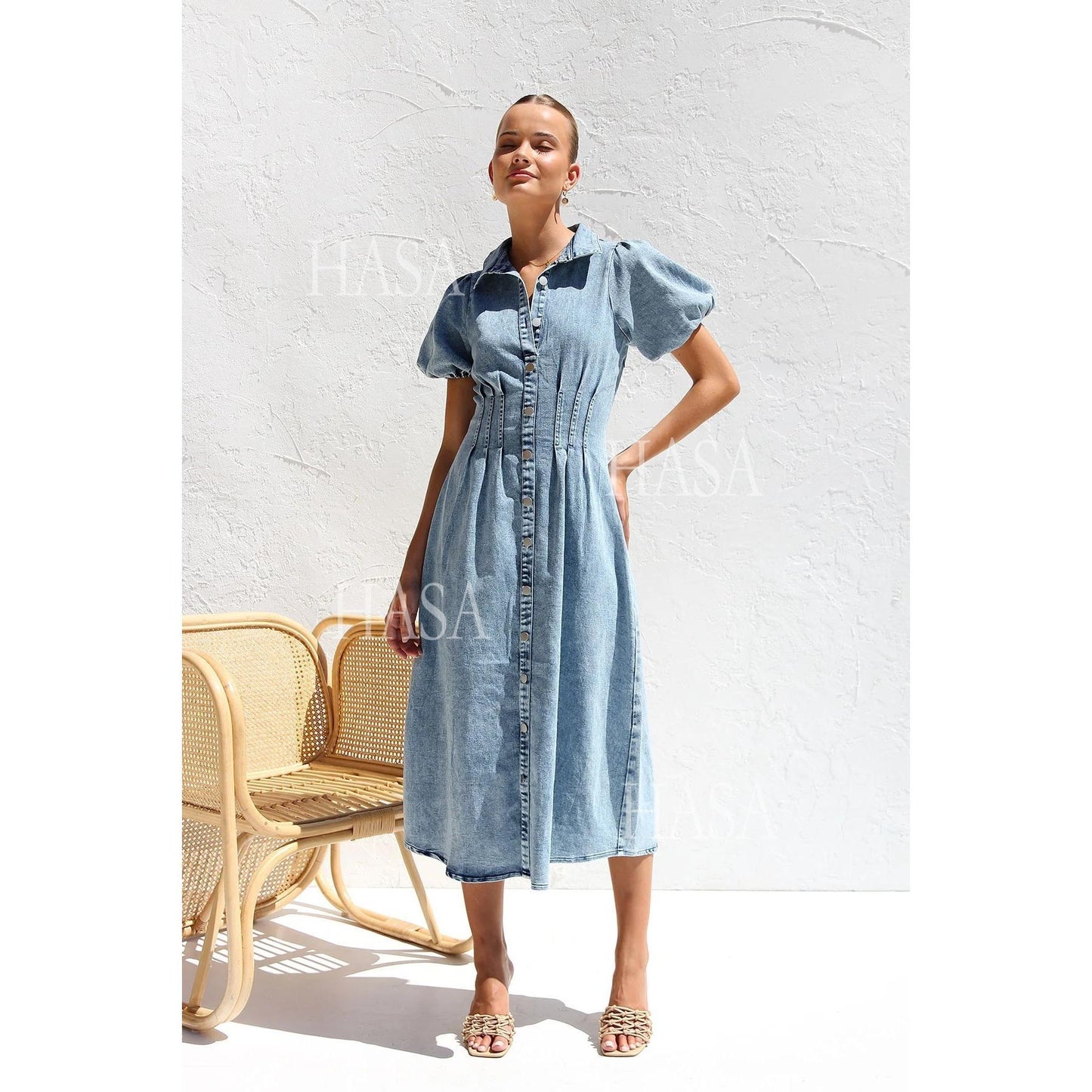 HASA HS6797 Elegant Puff Sleeve Denim Maxi Dress