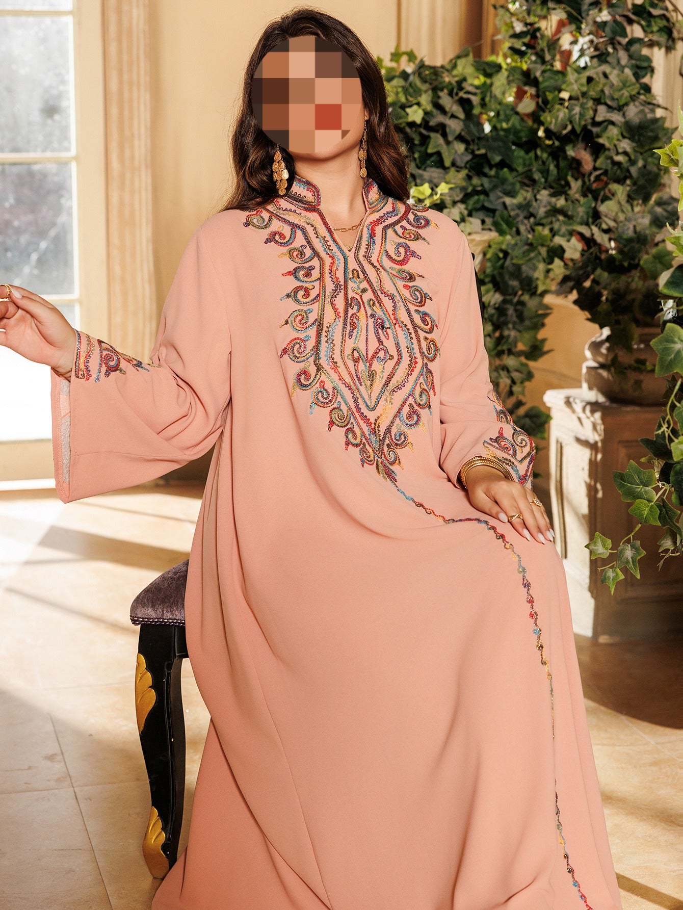 HS6669 Pullover Embroidered Robe Dress with Simple Long Sleeves
