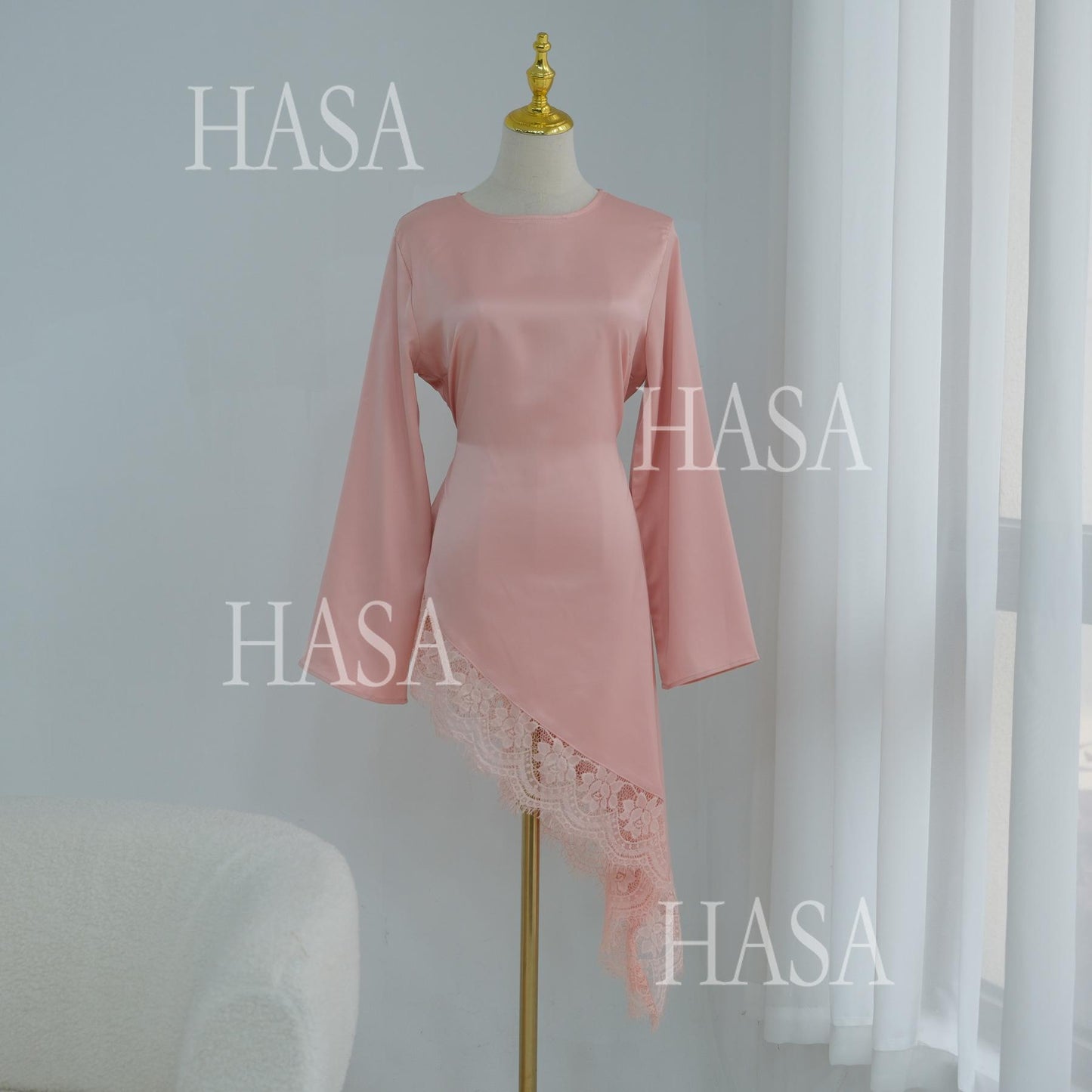 HASA HS6784 Soft Luxury Asymmetric Modest Top with Lace Detail
