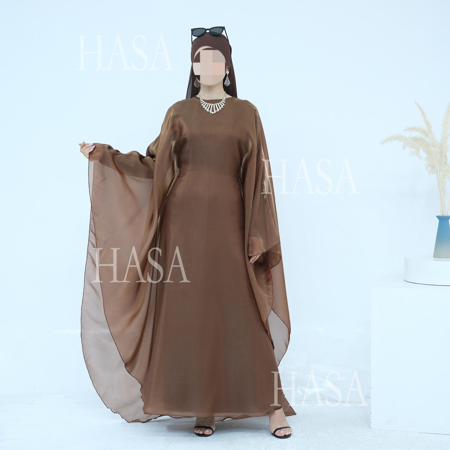 HS6524 Elegant two-piece solid-color robe and dress with optional headscarf
