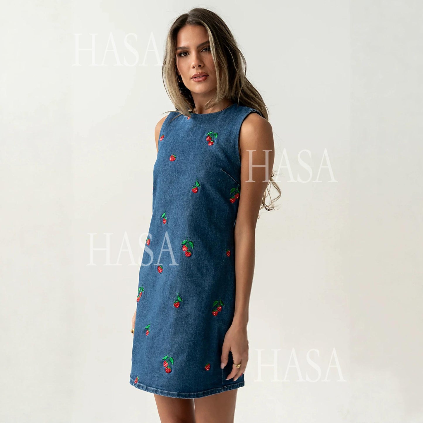 HASA HS6785 Sweet Strawberry Denim Mini Dress for Everyday Street Style
