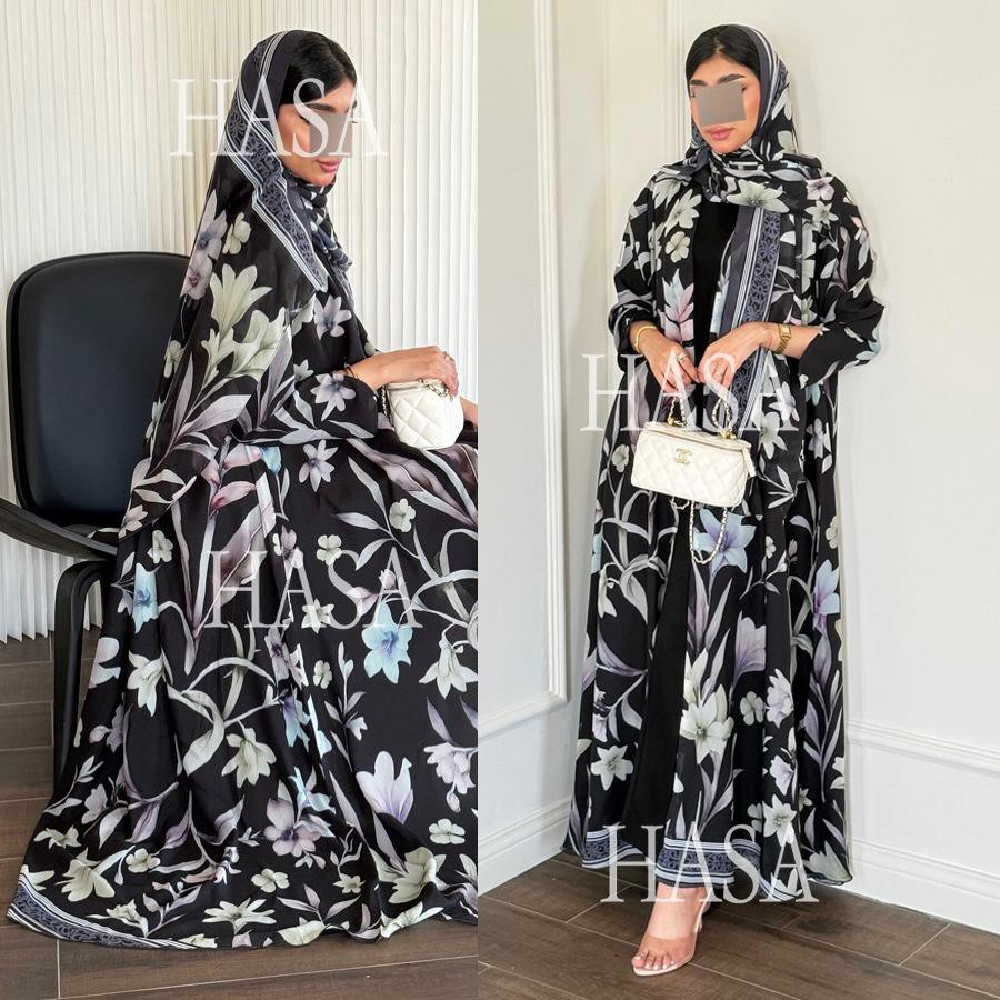 HASA HS6810 Luxury Floral Open Front Abaya Set