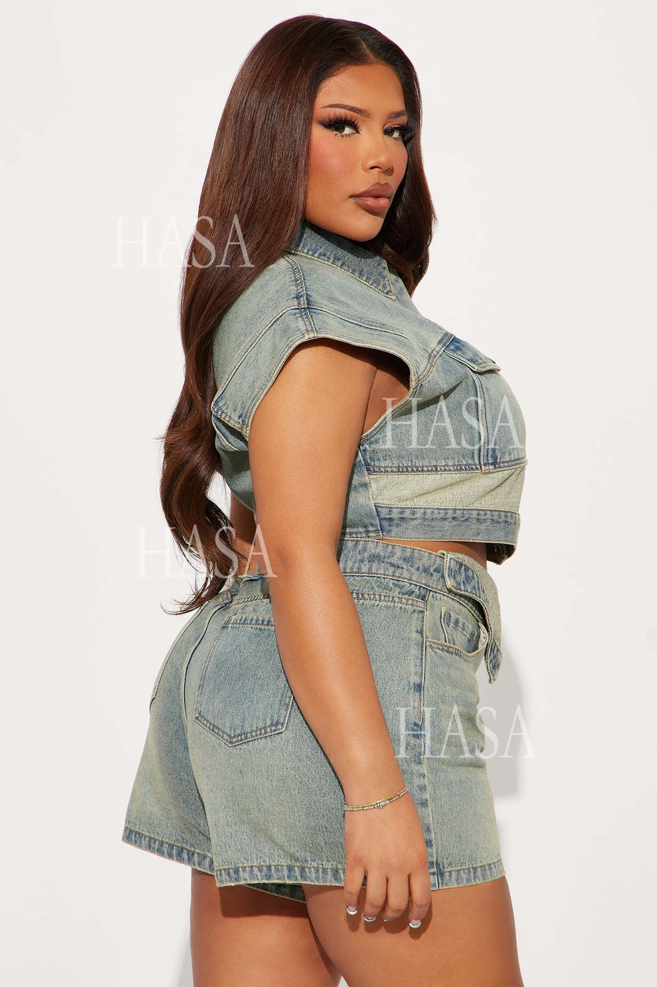 HASA HS6275 Cool Streetwear Denim Two Piece Shorts Set with Cropped Top