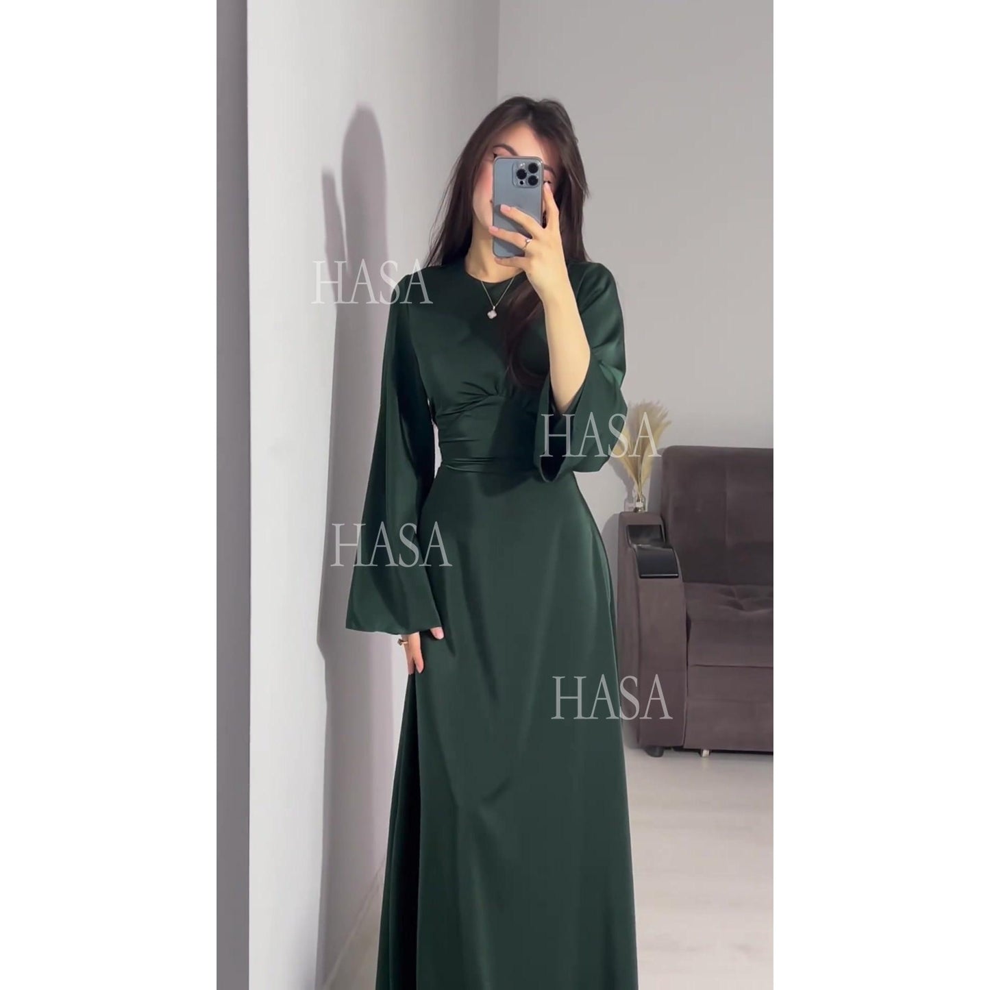 HASA HS6757 Classic Round Neck Flowy Maxi Dress