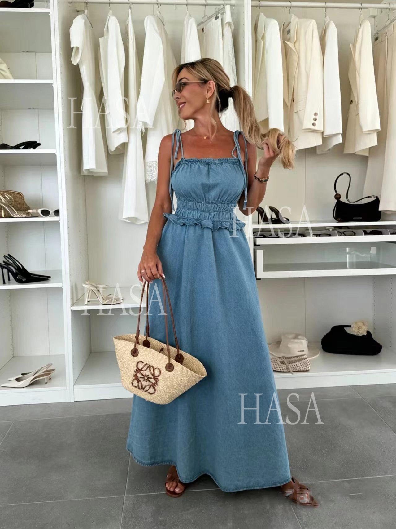 HASA HS6790 Chic Sleeveless Denim Maxi Dress with Flowy A Line Skirt