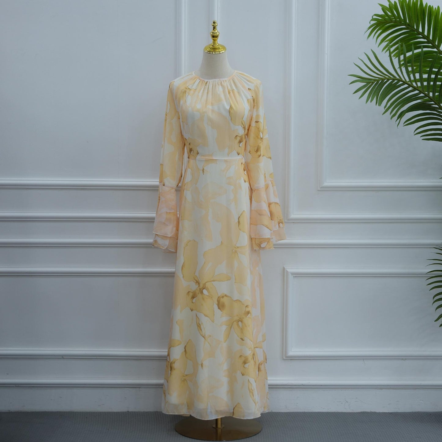 HASA HS6811 Chiffon Floral Maxi Dress Flare Ruffle Sleeve Elegant Long Dress for Women Daily Party Wear