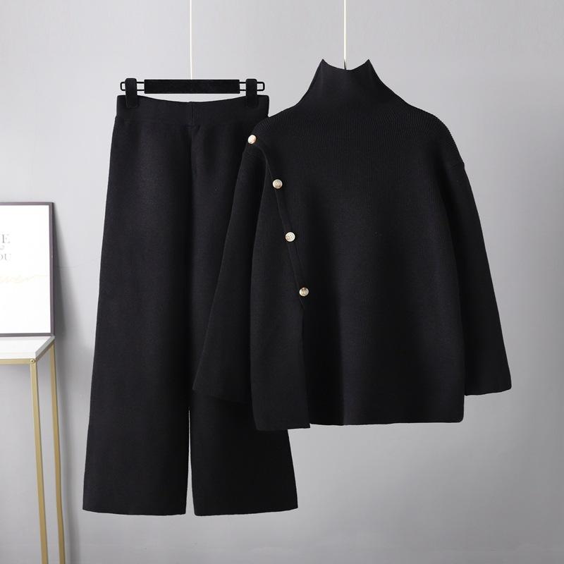 HS0553 Two-Piece Set High-Neck Sweater and Casual Wide-Leg Trousers