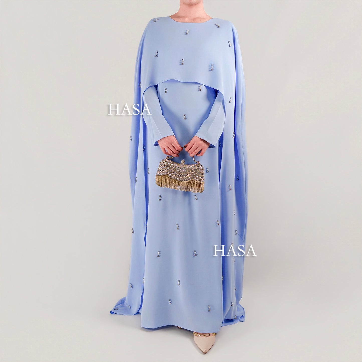 HS6505 Beaded Maxi Dress with Attached Cape Overlay