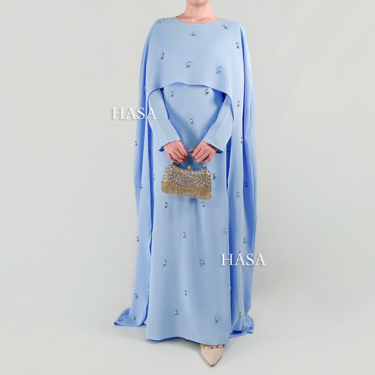 HS6505 Beaded Maxi Dress with Attached Cape Overlay