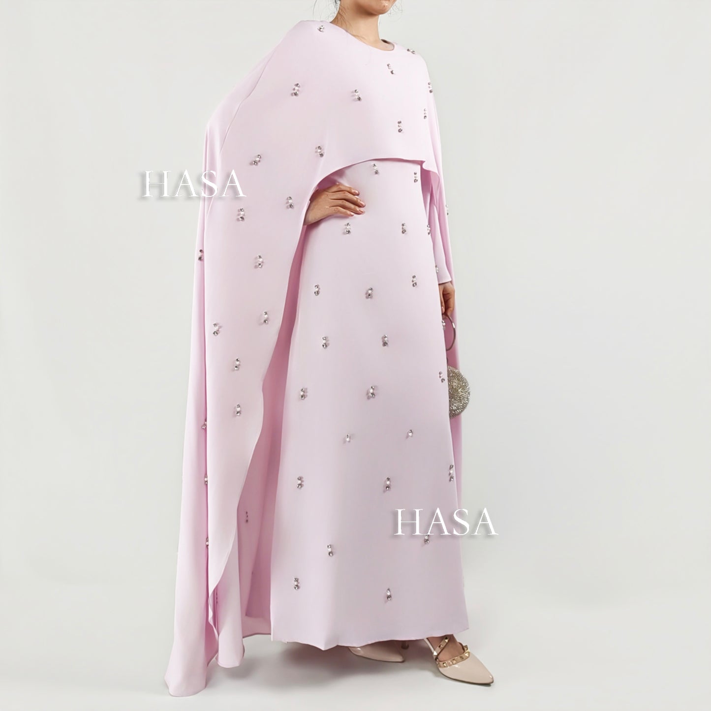 HS6505 Beaded Maxi Dress with Attached Cape Overlay