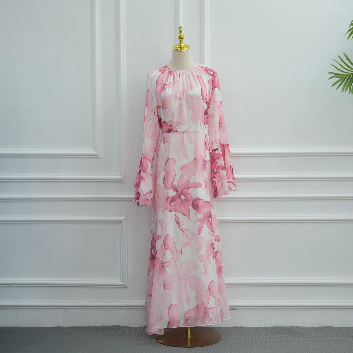 HASA HS6811 Chiffon Floral Maxi Dress Flare Ruffle Sleeve Elegant Long Dress for Women Daily Party Wear