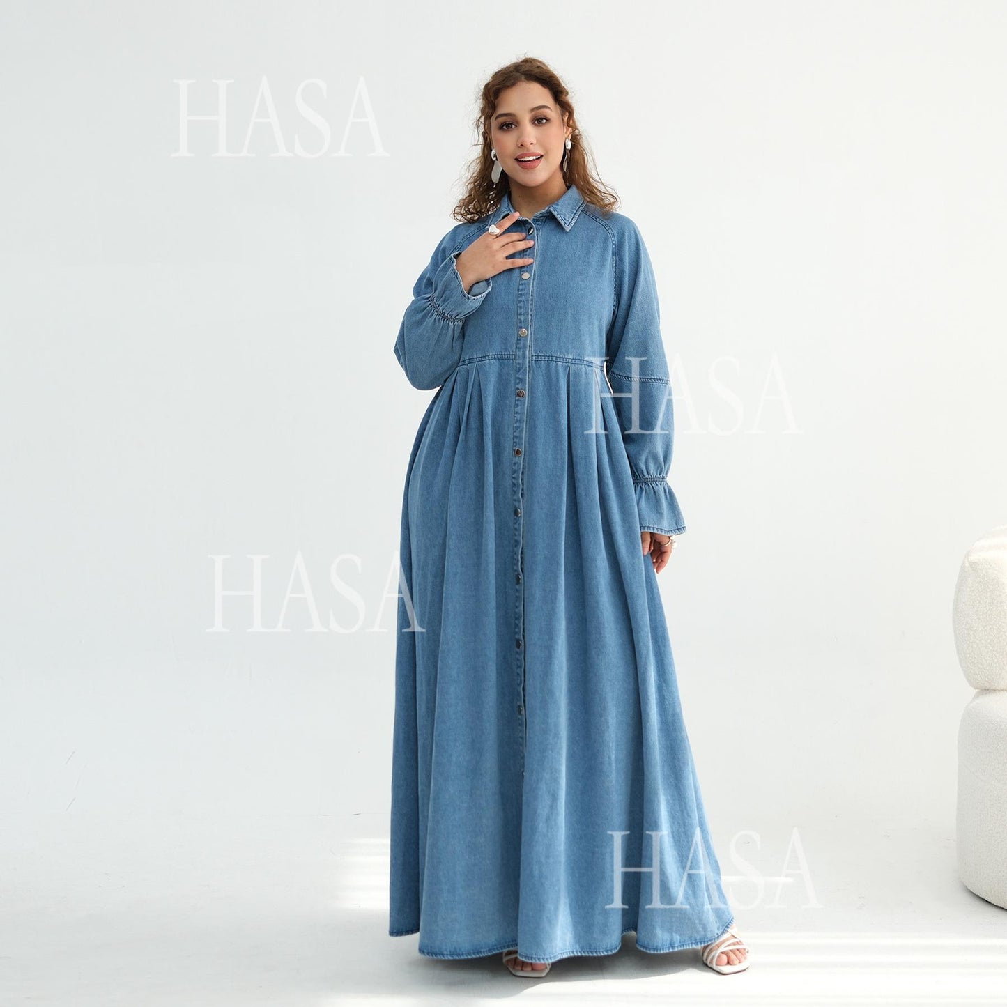 HASA HS6806 Chic Button Front Denim Maxi Dress