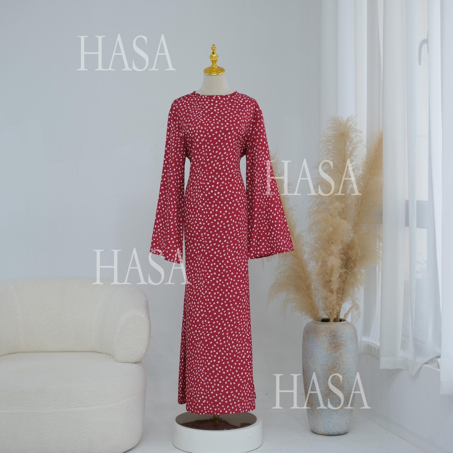 HASA HS6781 Graceful Modest Polka Dot Dress for Everyday Elegance