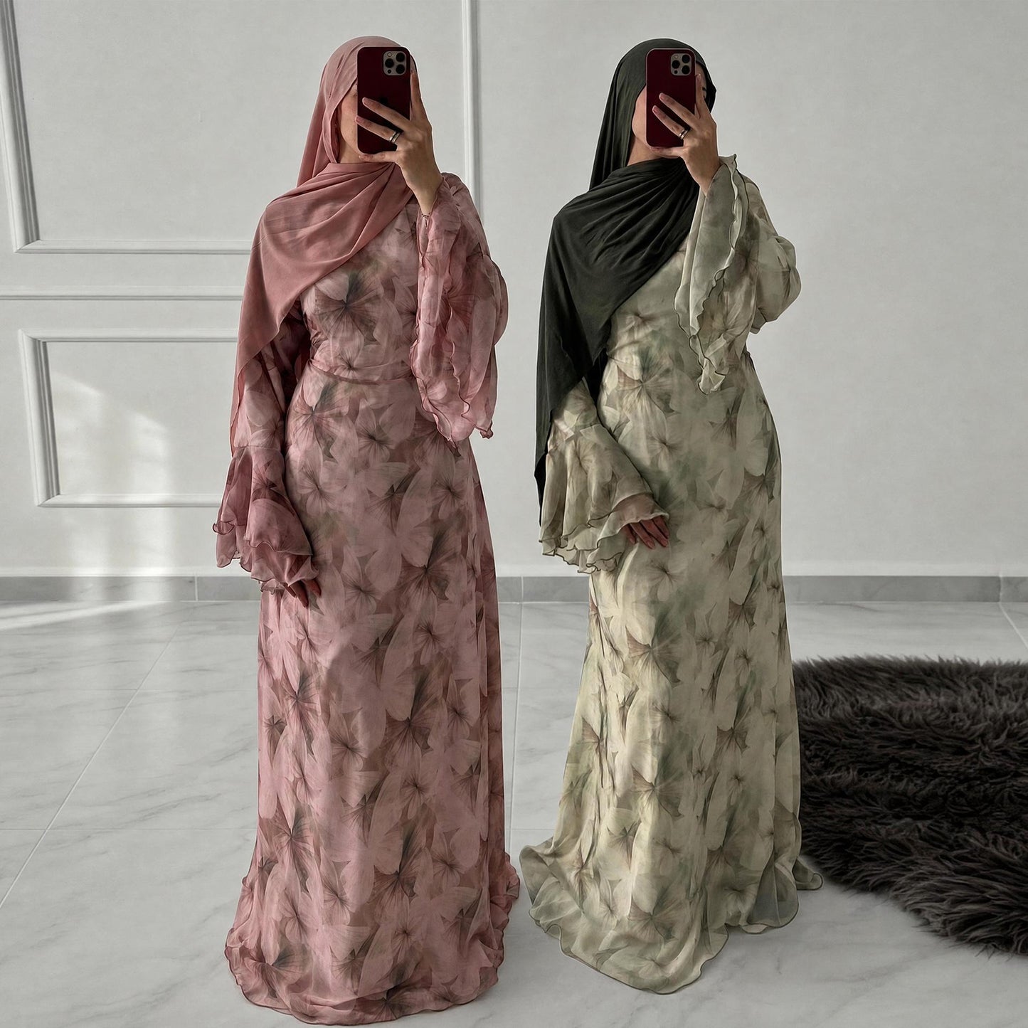 HASA HS6811 Chiffon Floral Maxi Dress Flare Ruffle Sleeve Elegant Long Dress for Women Daily Party Wear