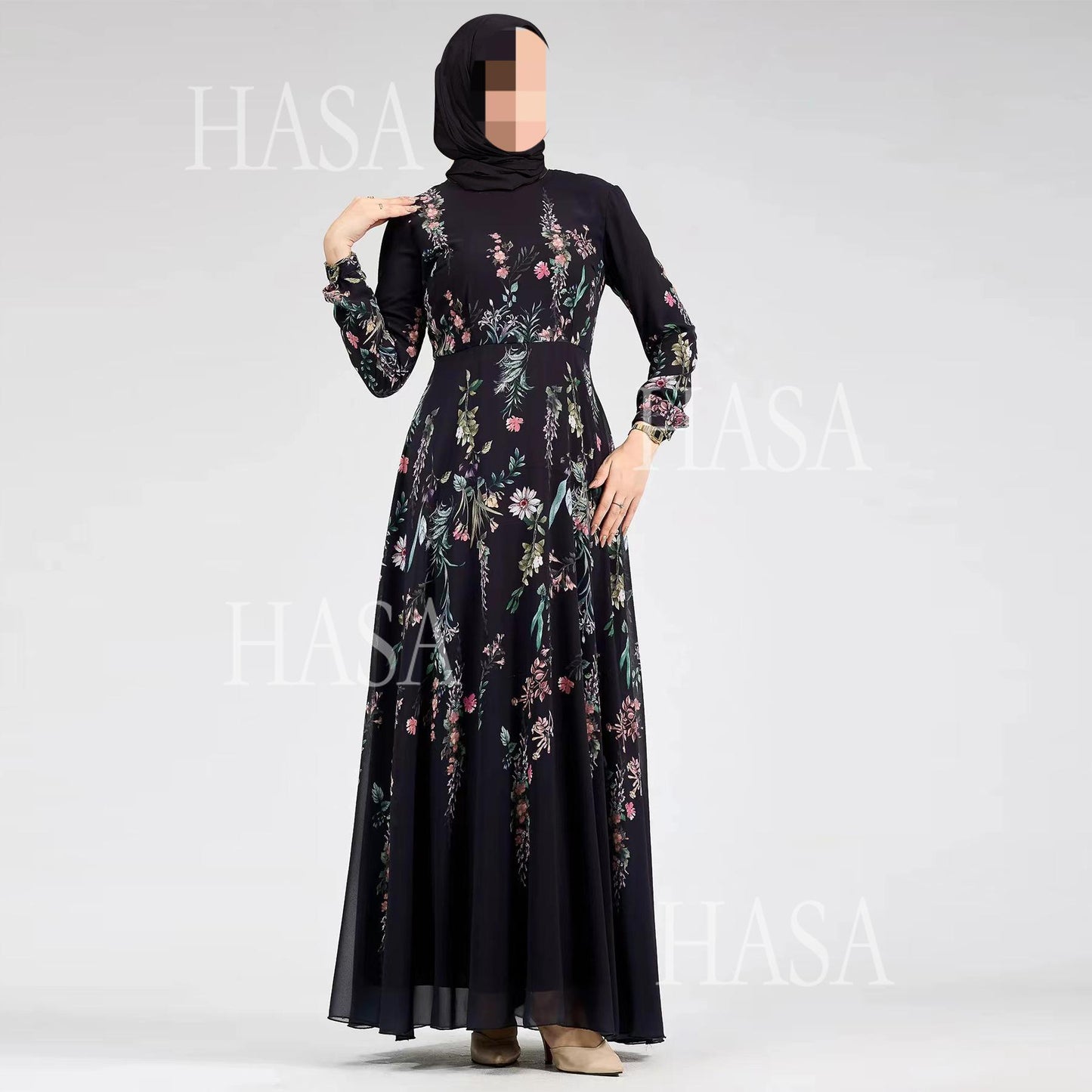 HS6531 Chiffon Printed Ankle-Length Maxi Dress with Long Sleeves