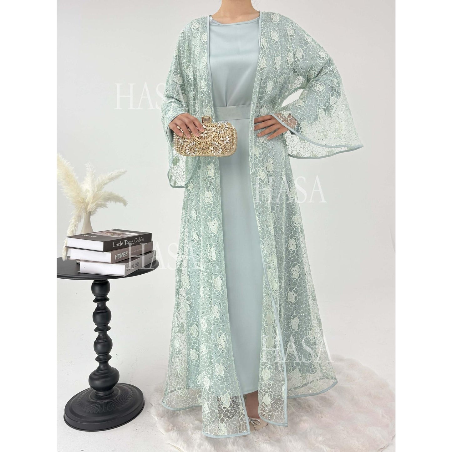 HS6482 Soft Lace Maxi Dress Set, Simple Loose Design