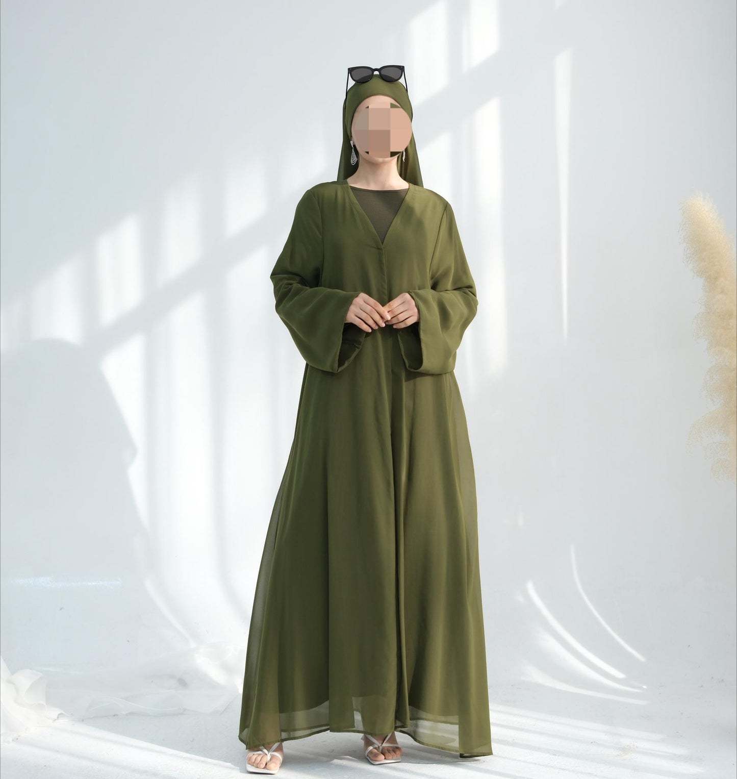 HS6513 Double-layered sleeve chiffon cardigan two-piece robe abaya (headscarf not included)