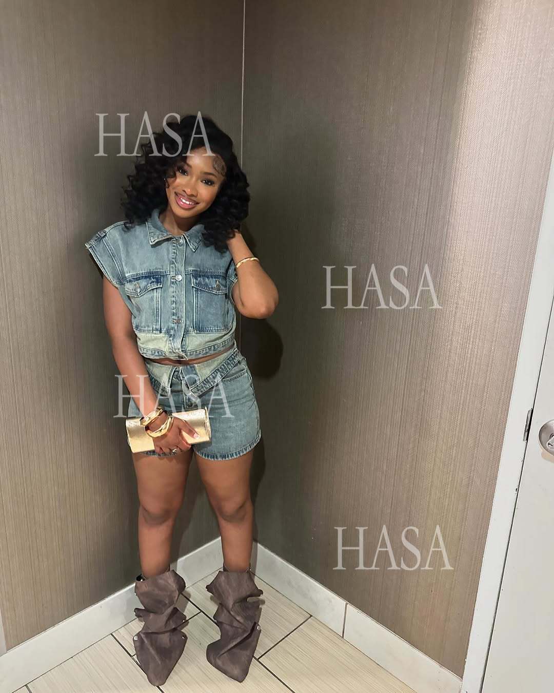 HASA HS6275 Cool Streetwear Denim Two Piece Shorts Set with Cropped Top