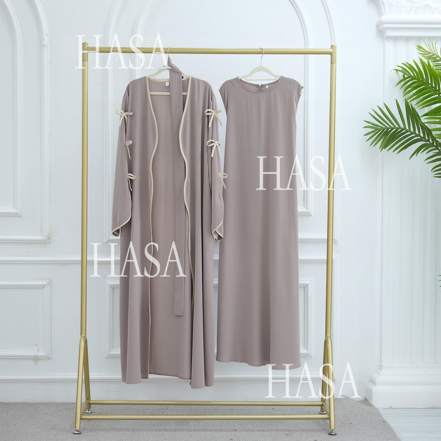 HS5883  A Two-piece Robe and Skirt Set with A Soft Bow and A Belt Design open abaya outfit