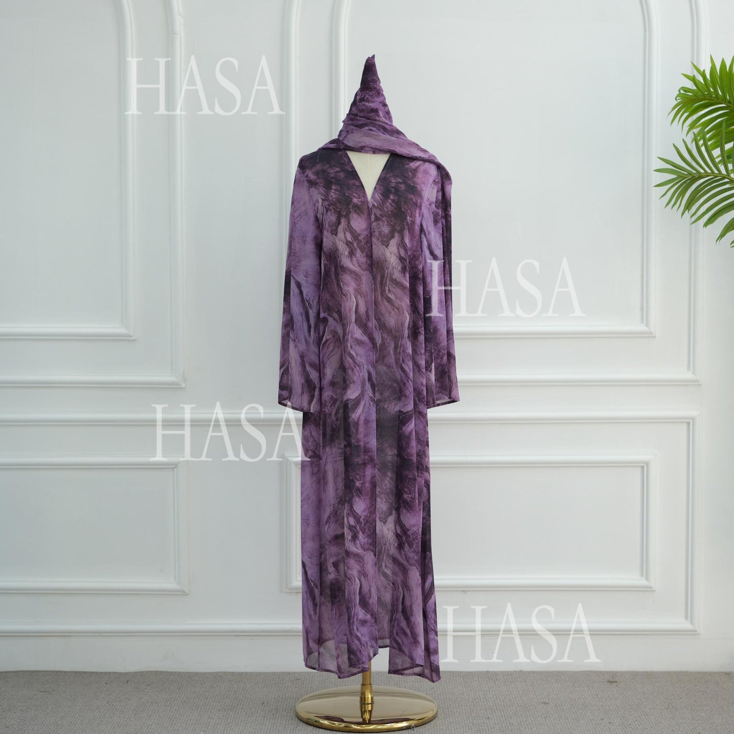 HS6551 Printed Abaya Cardigan with Matching Scarf Two-Piece Set