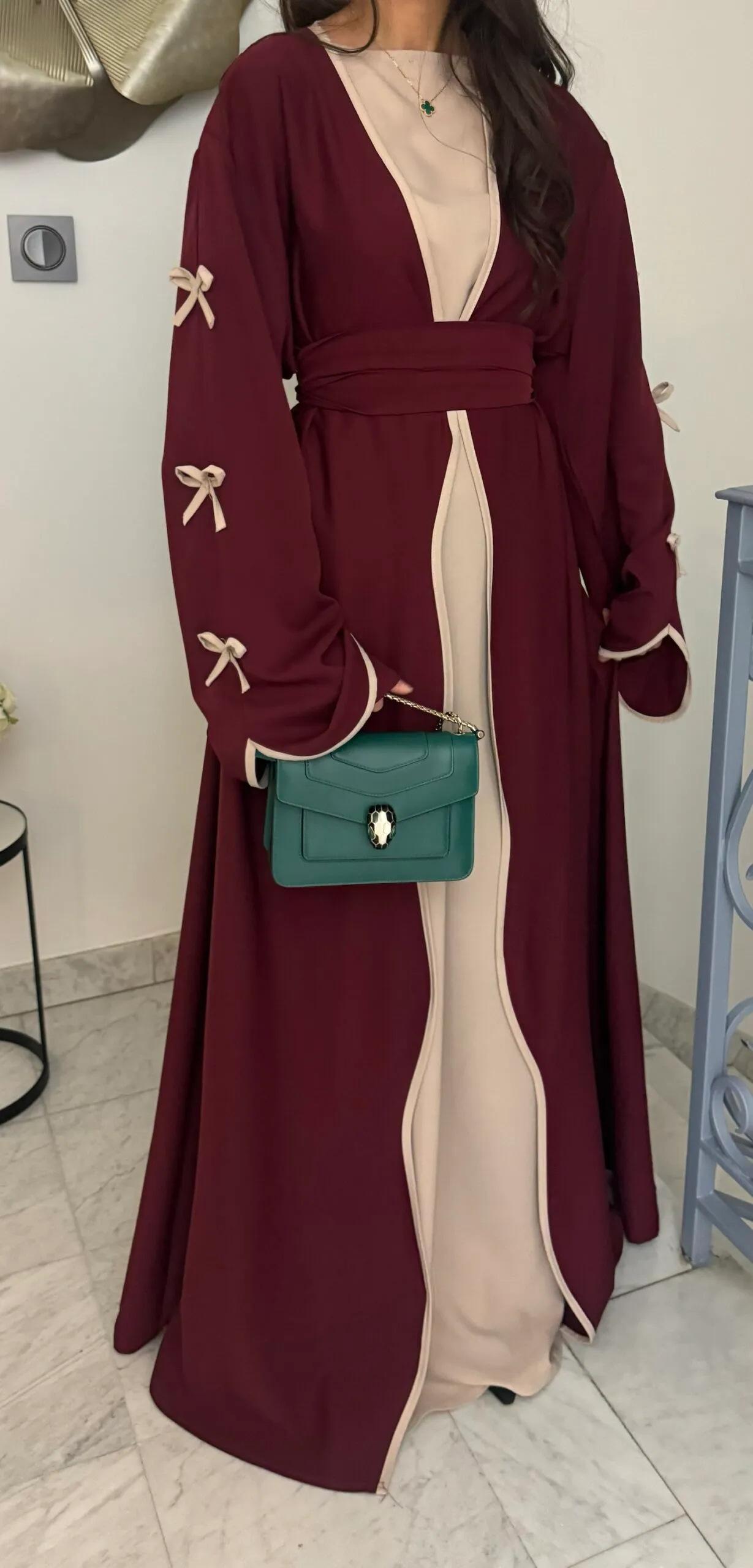 HS5883  A Two-piece Robe and Skirt Set with A Soft Bow and A Belt Design open abaya outfit