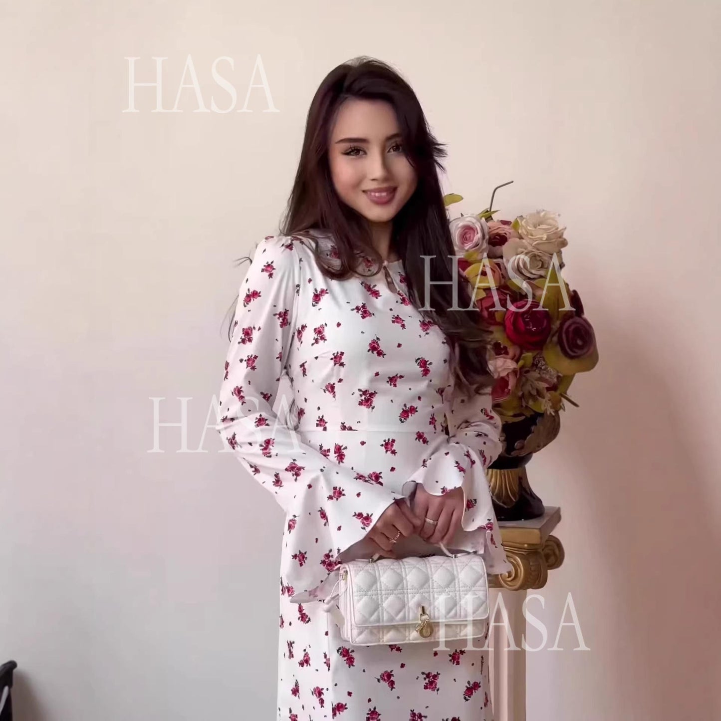 HS6744 Chic White Floral Long Dress Flare Sleeve Maxi Dress