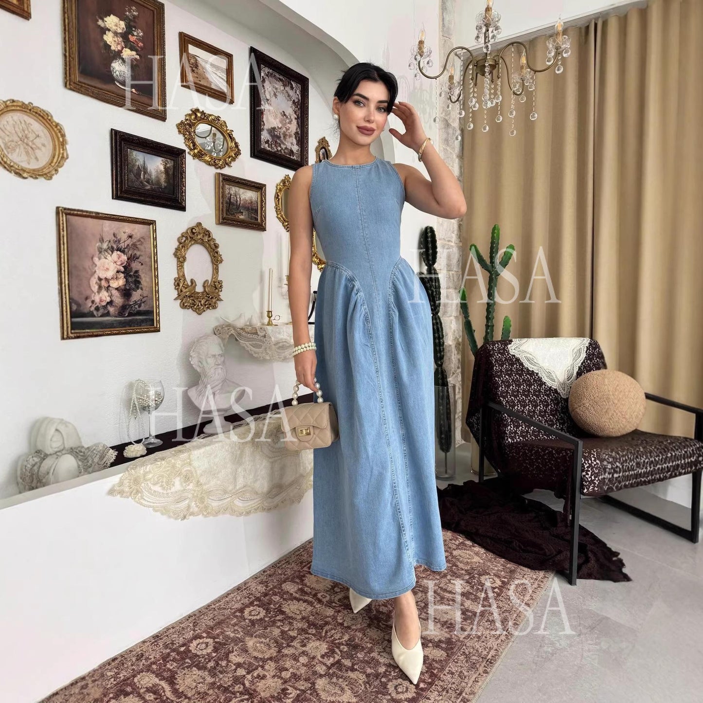 HASA HS6787 Vintage Inspired Light Blue Denim Dress with Full Skirt