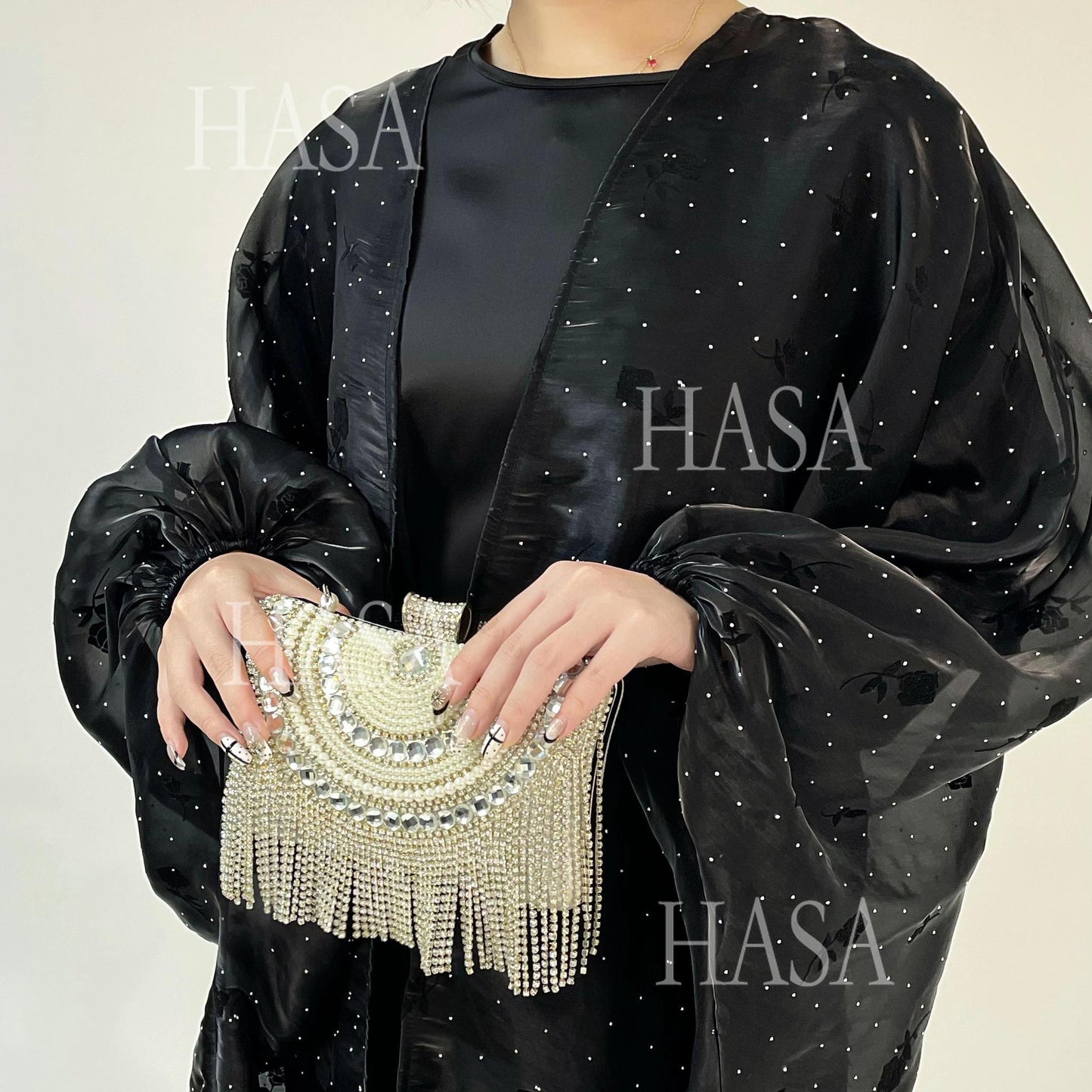 HS6536 Elegant Rose Pattern Abaya Outer Dress Set