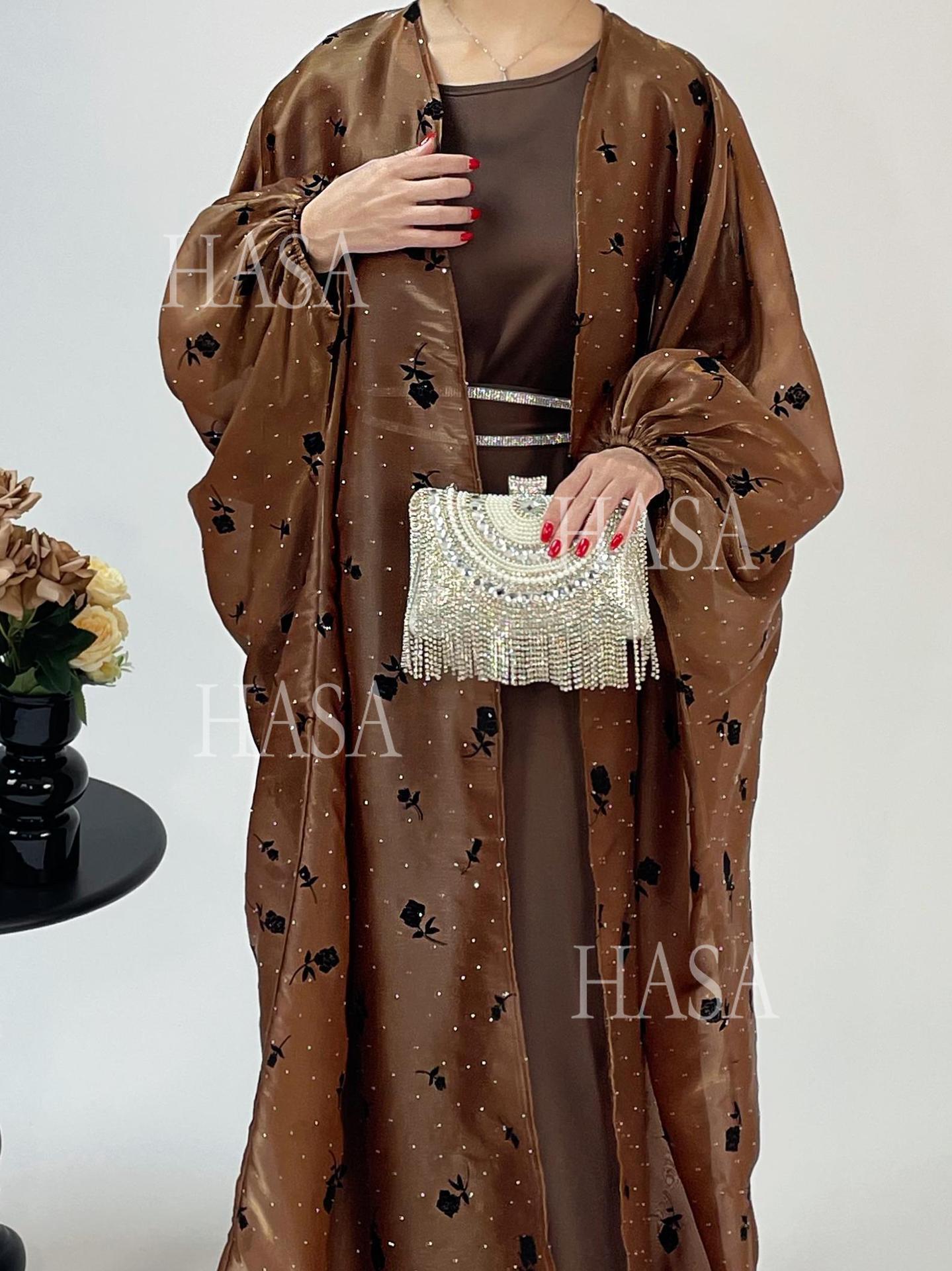 HS6536 Elegant Rose Pattern Abaya Outer Dress Set