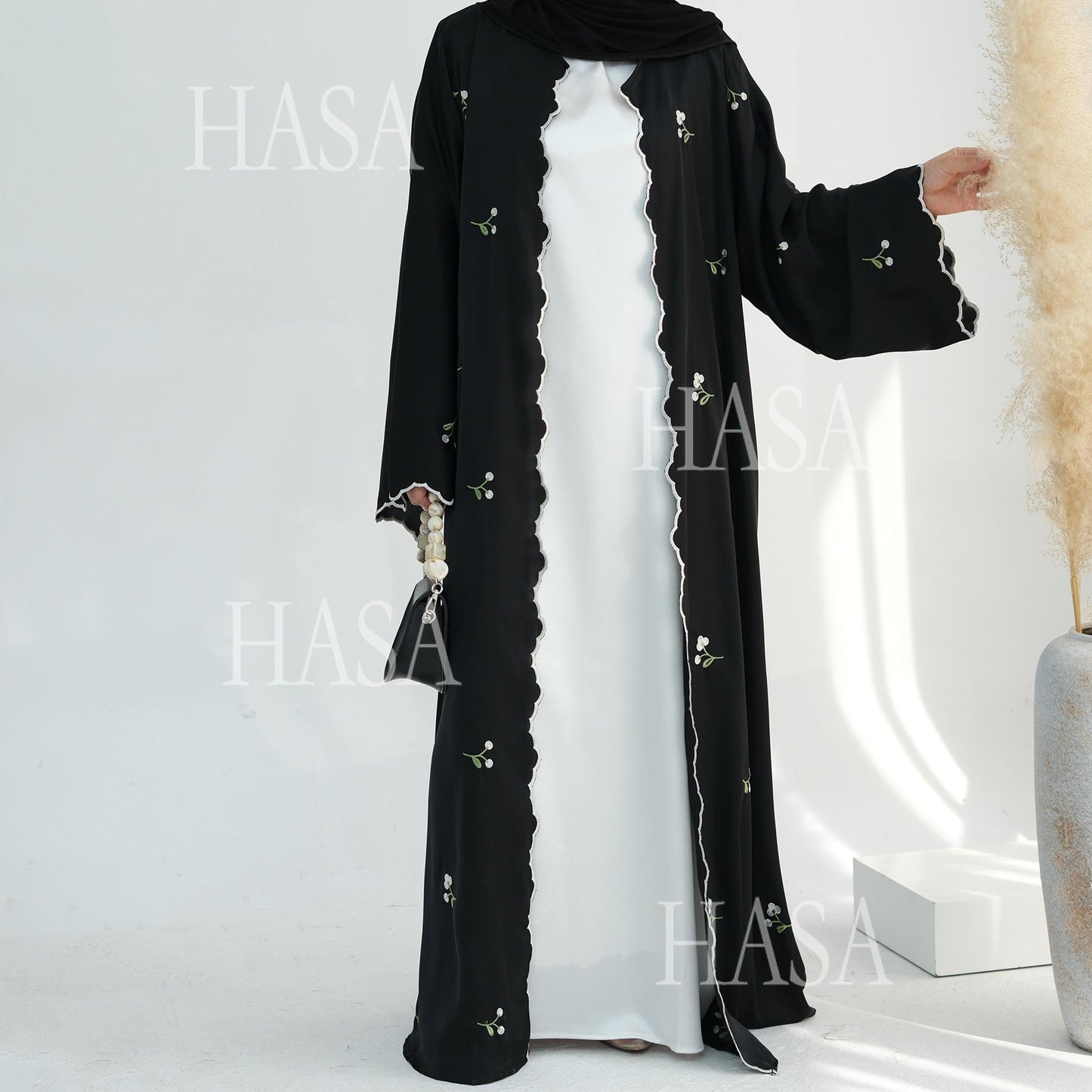 HS6472 Longline Cardigan with Delicate Floral Details and Curved Edging