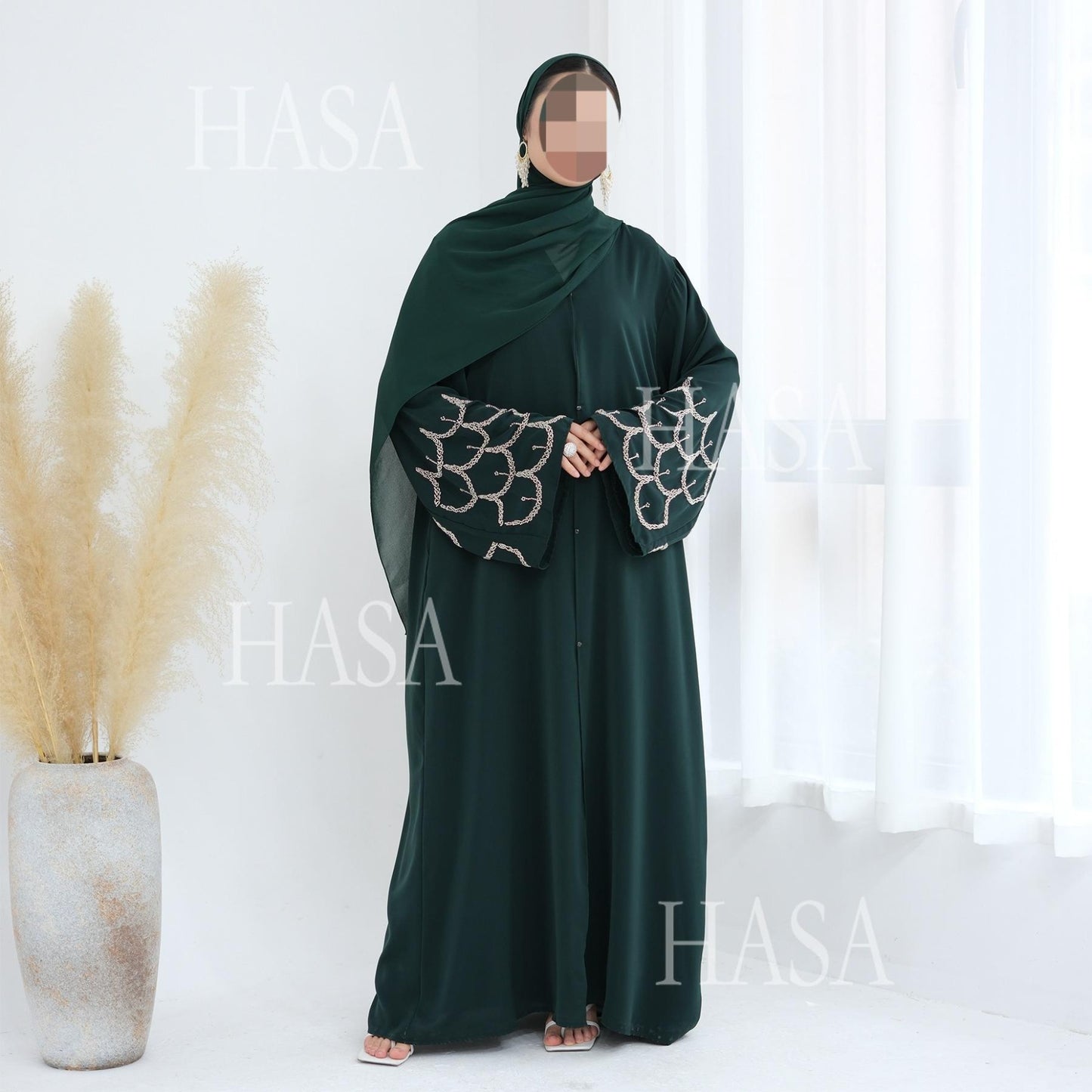 HS6608 Solid Color Hand-beaded Long Cardigan (headscarf Not Included)