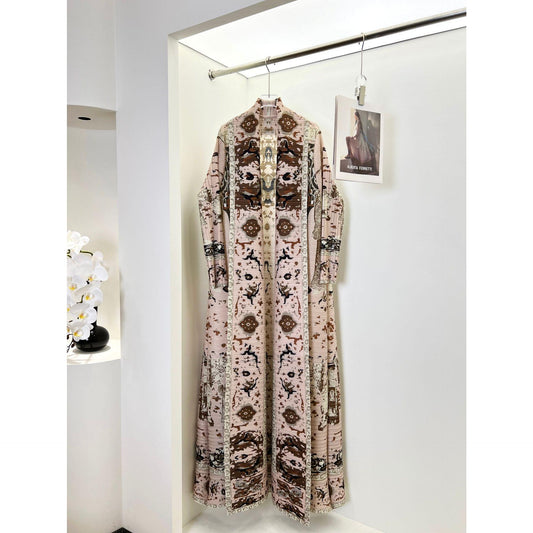 HS6719 Blush Tapestry  Pink Abaya with Intricate Traditional Prints