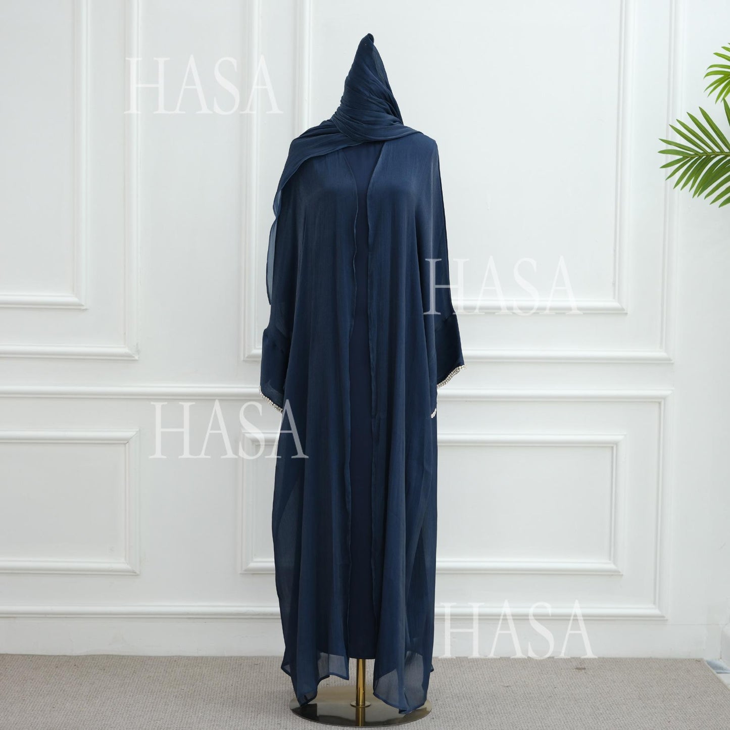 HS6553  Two-Piece Solid Abaya with Beaded Details and Matching Scarf Option