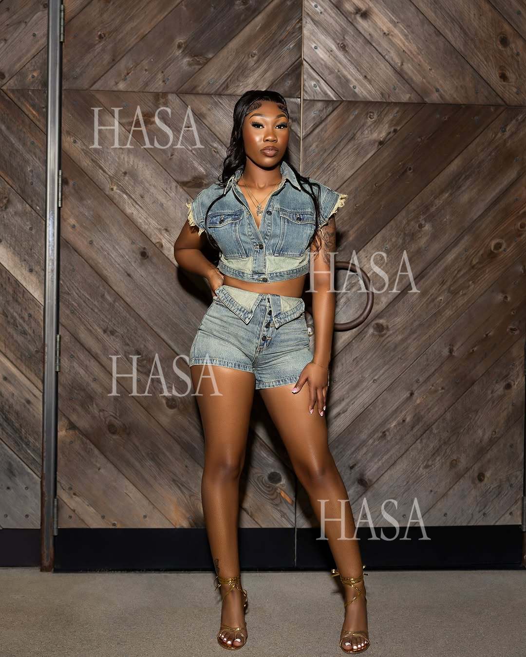 HASA HS6275 Cool Streetwear Denim Two Piece Shorts Set with Cropped Top