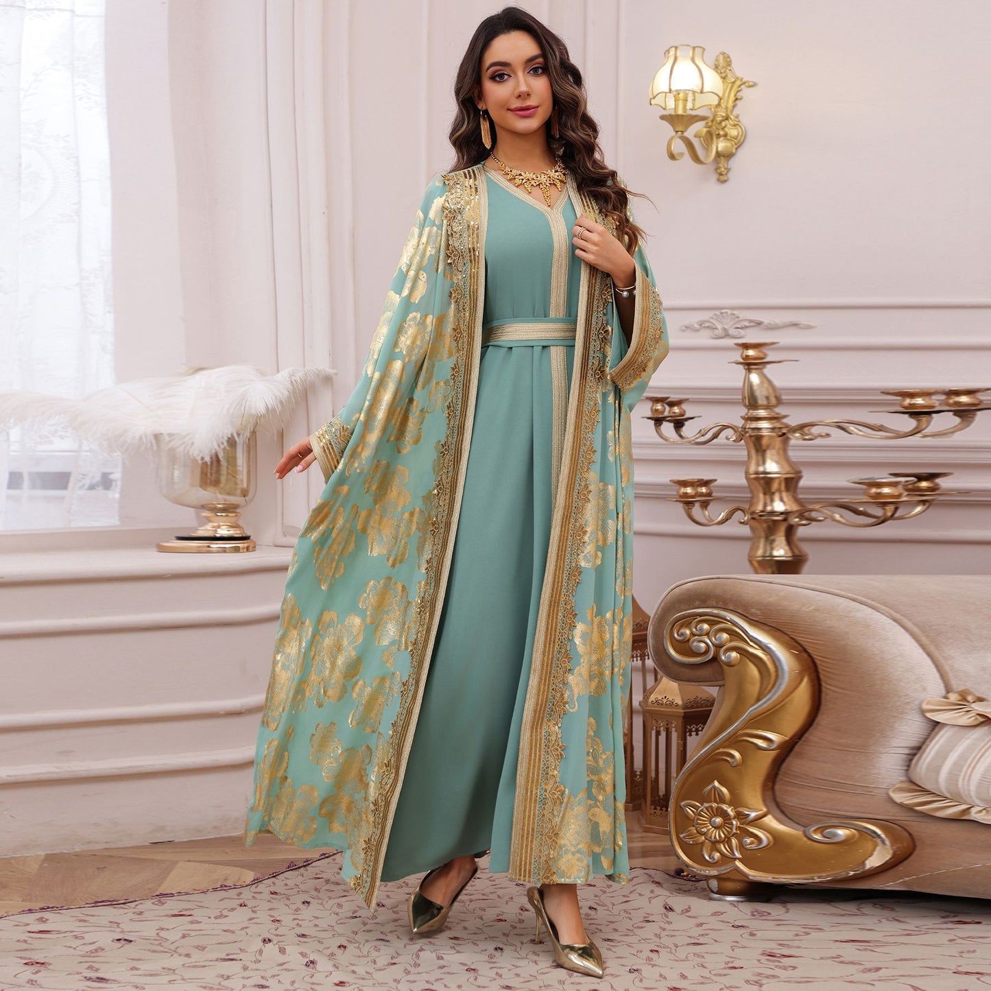 HS6643 Two-piece robe dress with gold foil stamping