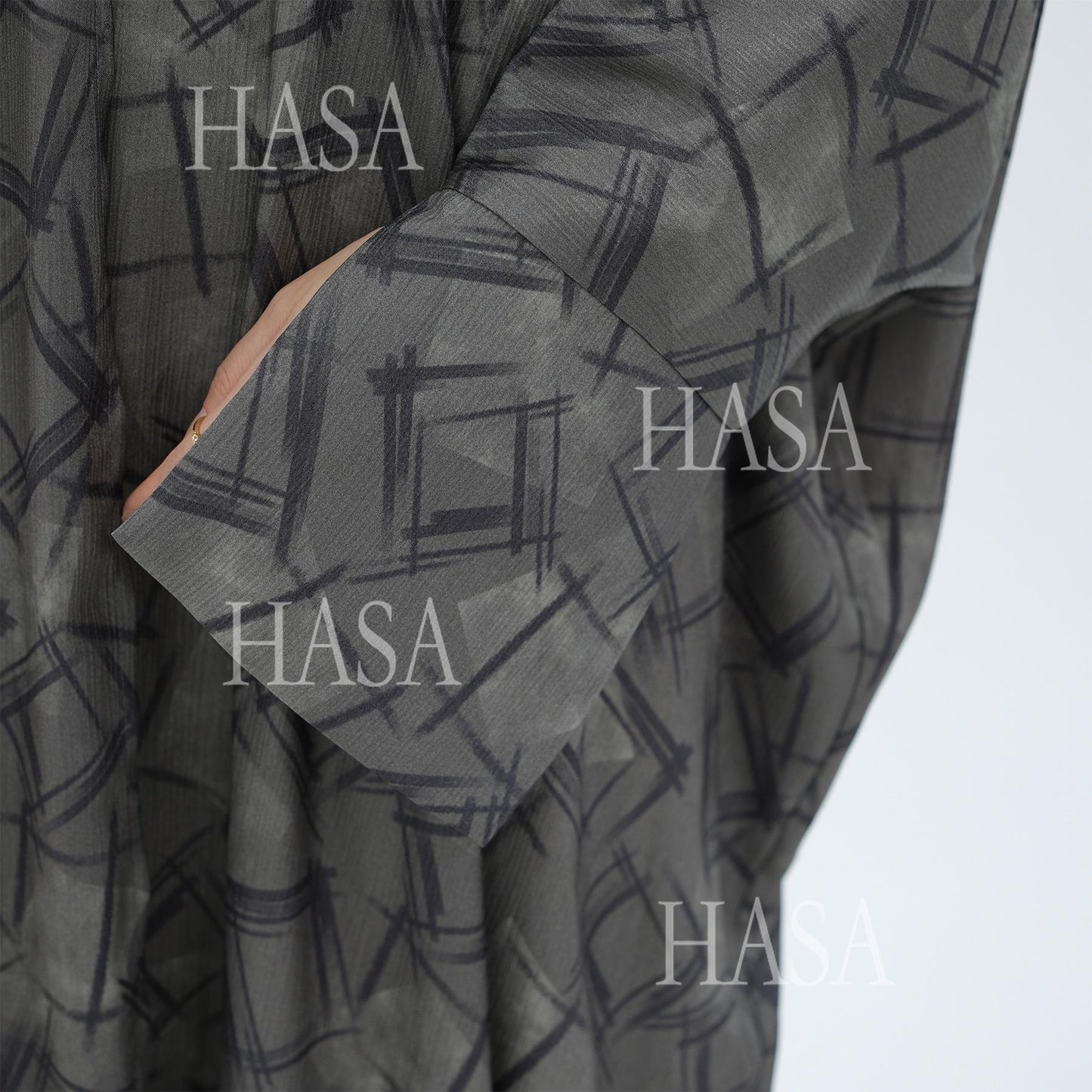 HS6504 Grey geometric print long cardigan Abaya (headscarf not included)