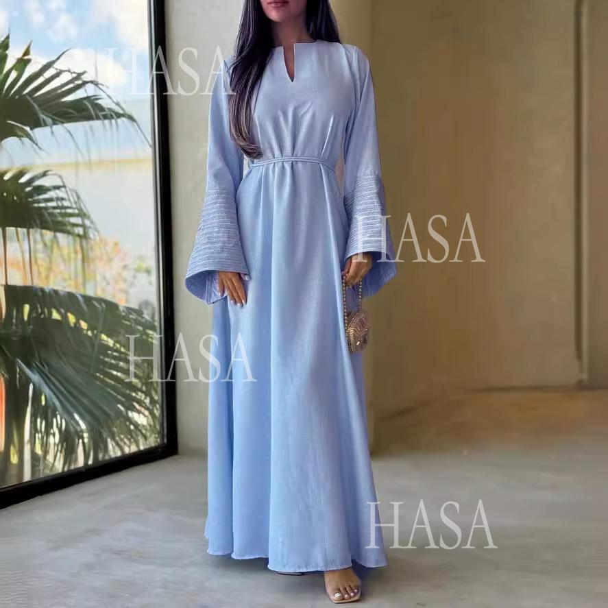 HS6490 Embroidered Panel Sleeve Long Dress