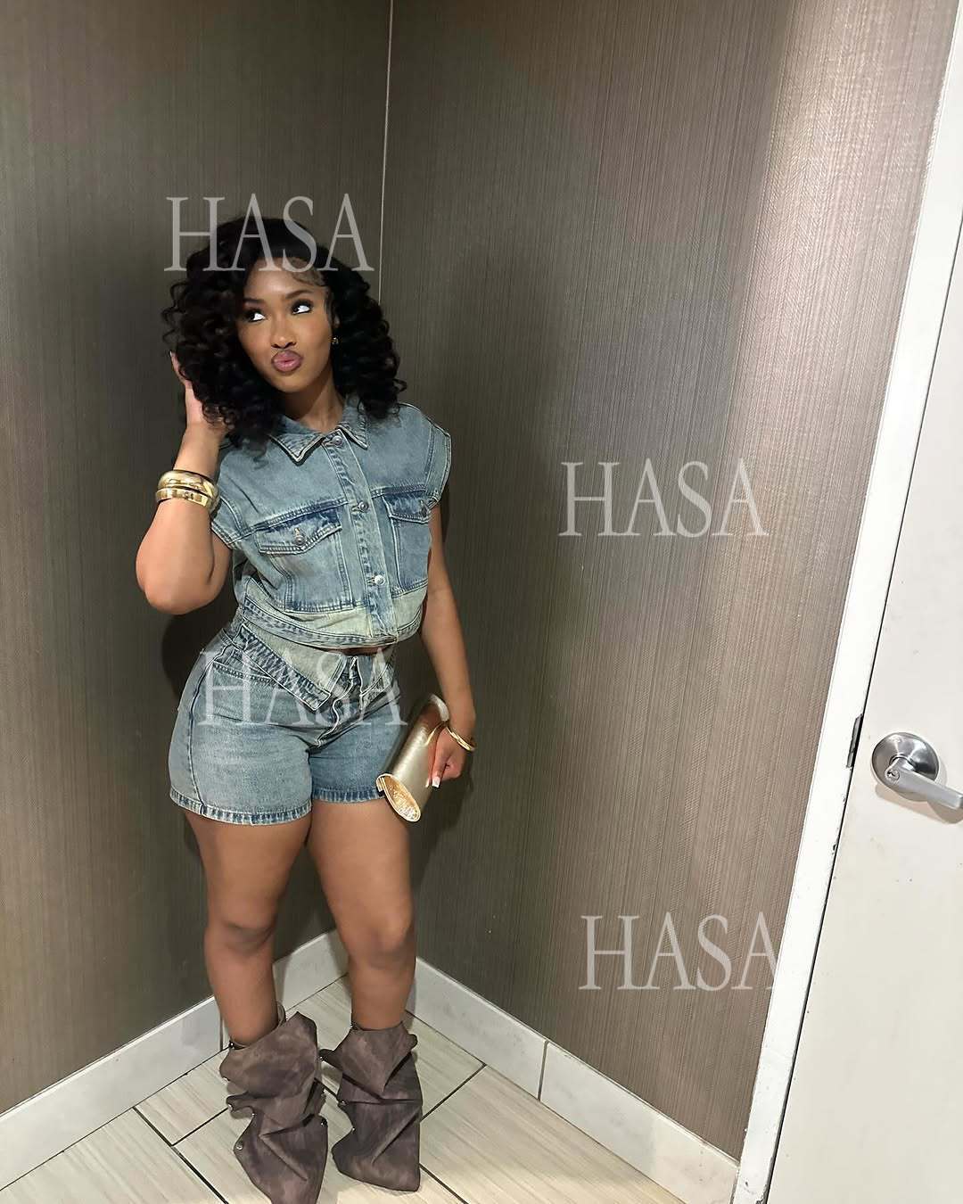 HASA HS6275 Cool Streetwear Denim Two Piece Shorts Set with Cropped Top