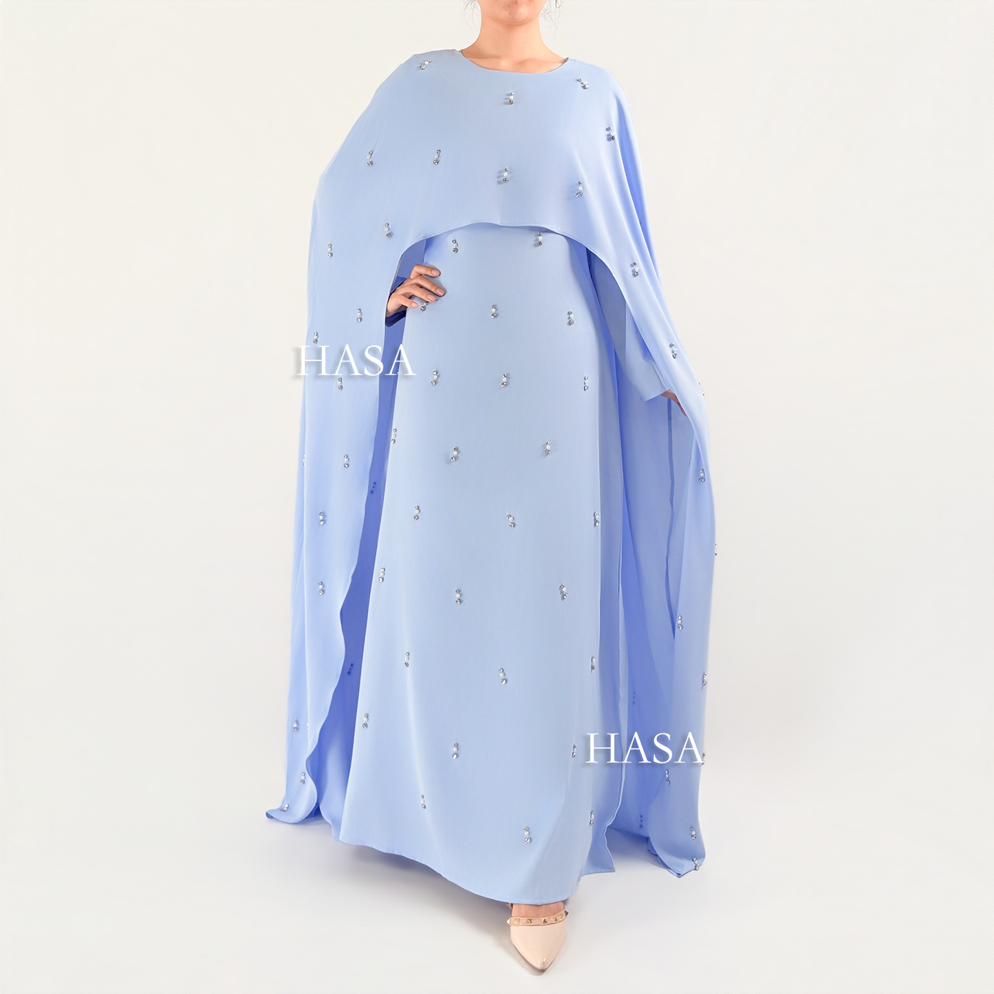 HS6505 Beaded Maxi Dress with Attached Cape Overlay