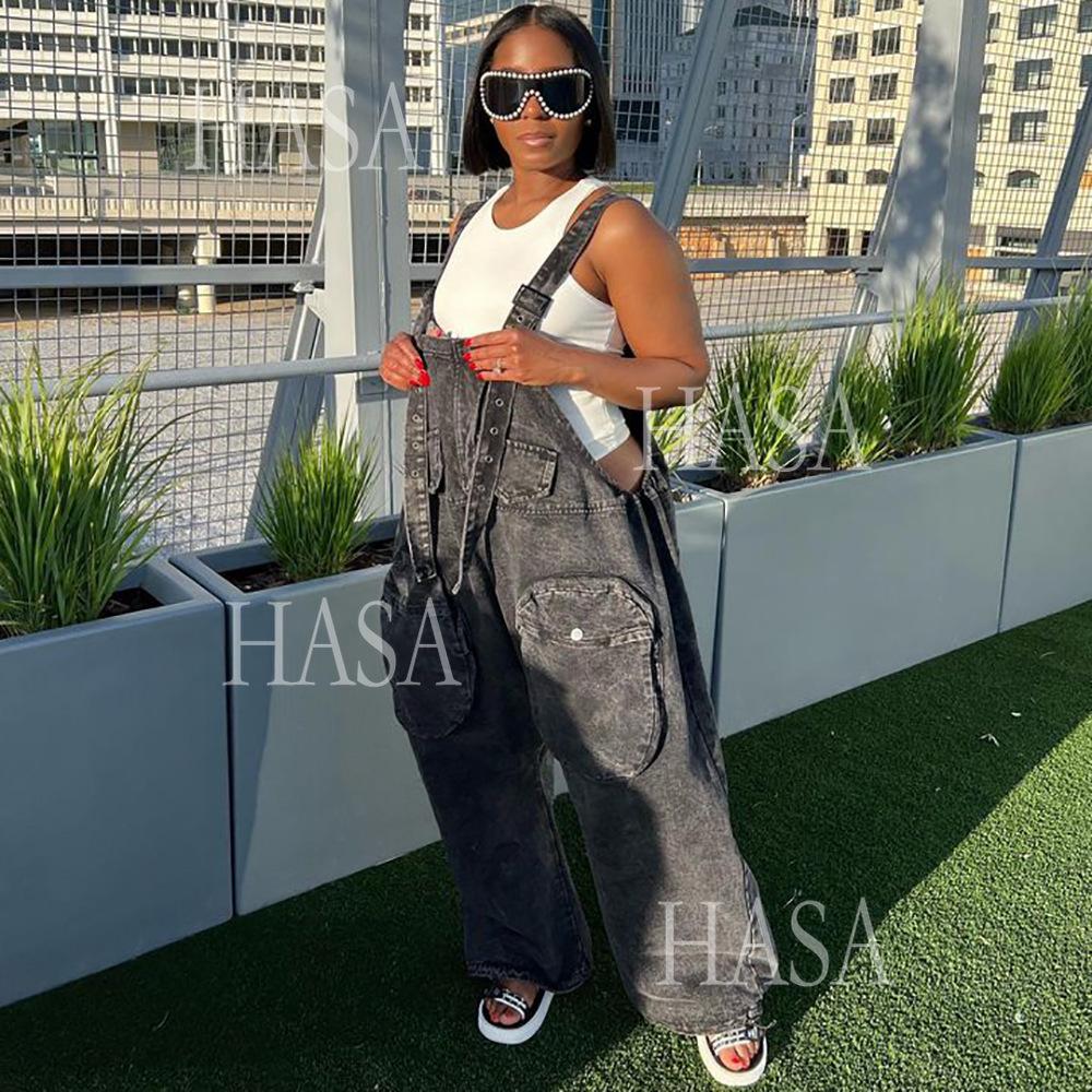 HASA HS4518 Bold Streetwear Split Leg Denim Jumpsuit Pants