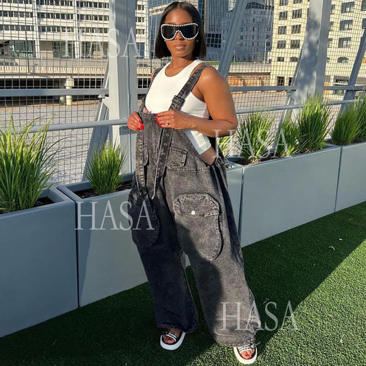 HASA HS4518 Bold Streetwear Split Leg Denim Jumpsuit Pants