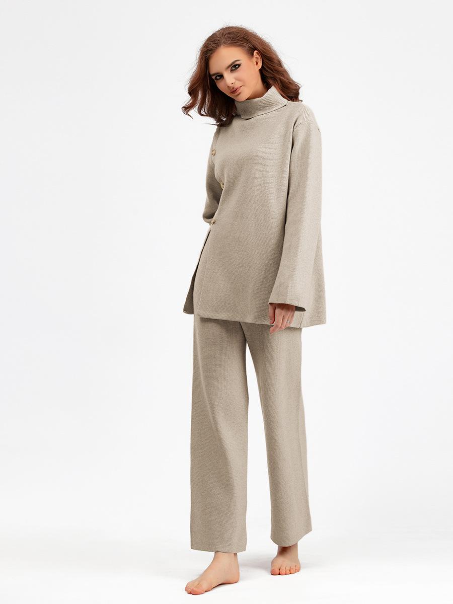 HS0553 Two-Piece Set High-Neck Sweater and Casual Wide-Leg Trousers