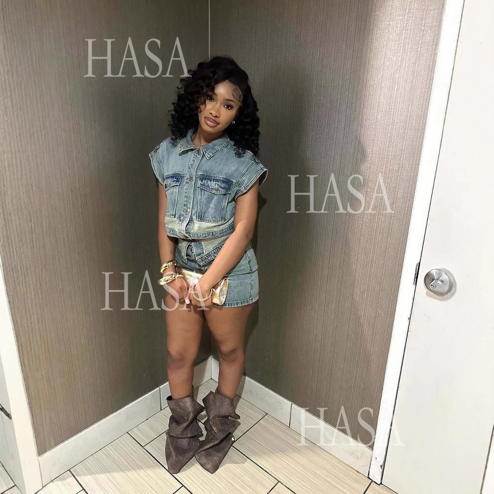 HASA HS6275 Cool Streetwear Denim Two Piece Shorts Set with Cropped Top