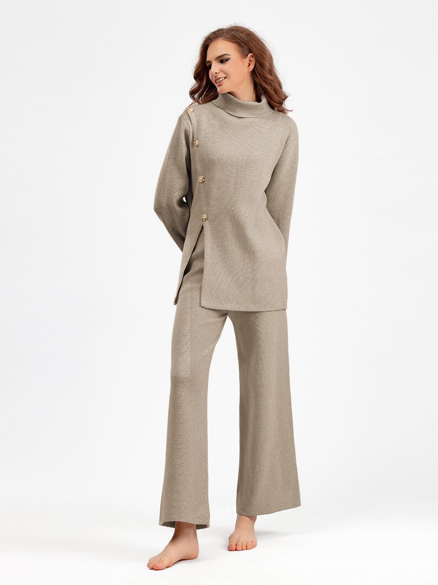 HS0553 Two-Piece Set High-Neck Sweater and Casual Wide-Leg Trousers