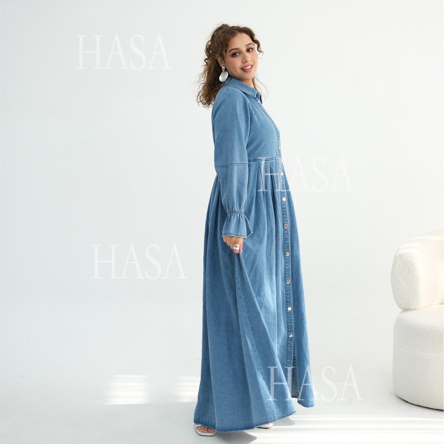 HASA HS6806 Chic Button Front Denim Maxi Dress