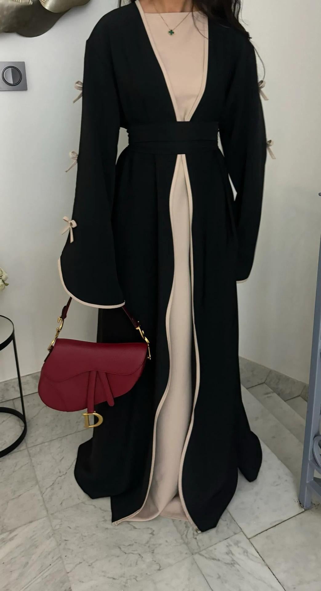 HS5883  A Two-piece Robe and Skirt Set with A Soft Bow and A Belt Design open abaya outfit